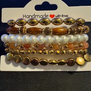 ✨ Handmade Gold & Neutral Beaded Bracelet Set – Elegant Boho Chic ✨